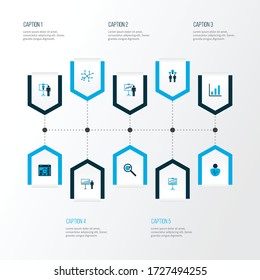 Administration icons colored set with personal presentation, training, business target and other progress elements. Isolated vector illustration administration icons.