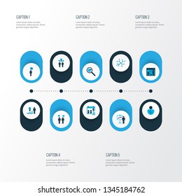 Administration icons colored set with research, statistical reports, communication and other seminar elements. Isolated vector illustration administration icons.