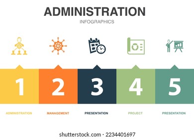 iconos de administración Plantilla de diseño infográfico. Concepto creativo con 5 opciones