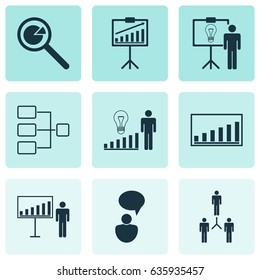 Administration Icons Set. Collection Of Group Organization, Decision Making, Company Statistics And Other Elements. Also Includes Symbols Such As Analysis, Progress, Project.