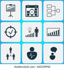 Administration Icons Set. Collection Of Opinion Analysis, Decision Making, Group Organization And Other Elements. Also Includes Symbols Such As Target, Goals, Work.