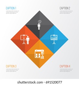 Administration Icons Set. Collection Of Presentation Date, Solution Demonstration, Report Demonstration And Other Elements. Also Includes Symbols Such As Report, Data, Solution.