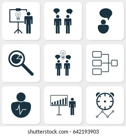 Administration Icons Set. Collection Of Project Analysis, Co-Working, Reminder And Other Elements. Also Includes Symbols Such As Discussion, Opinion, Research.