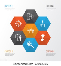 Administration Icons Set. Collection Of System Structure, Project Presentation, Approved Target And Other Elements. Also Includes Symbols Such As Cooperation, Solution, Target.