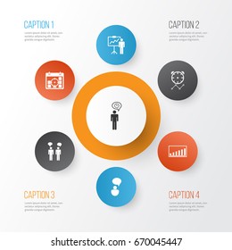 Administration Icons Set. Collection Of Team Meeting, Opinion Analysis, Company Statistics And Other Elements. Also Includes Symbols Such As Discussion, Goals, Idea.
