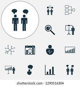 Administration icons set with communication, project statistics, business demonstration and other project targets elements. Isolated vector illustration administration icons.