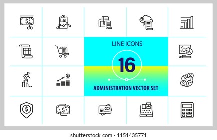 Administration icons. Set of line icons. Report, accounting, credit card. Administration concept. Vector illustration can be used for topics like financial management, analysis, marketing.