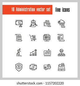 Administration icons. Set of line icons. Report, accounting, credit card. Administration concept. Vector illustration can be used for topics like financial management, analysis, marketing.