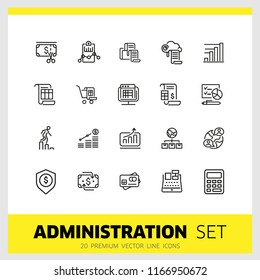 Administration icons. Set of line icons. Report, accounting, credit card. Administration concept. Vector illustration can be used for topics like financial management, analysis, marketing.