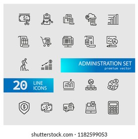 Administration icons. Set of line icons. Report, accounting, credit card. Administration concept. Vector illustration can be used for topics like financial management, analysis, marketing.