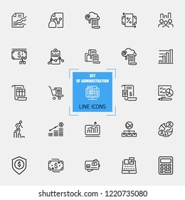 Administration icons. Set of line icons. Report, accounting, credit card. Administration concept. Vector illustration can be used for topics like financial management, analysis, marketing.