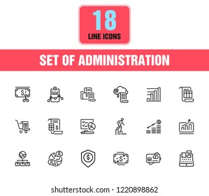 Administration icons. Set of line icons. Report, accounting, credit card. Administration concept. Vector illustration can be used for topics like financial management, analysis, marketing.