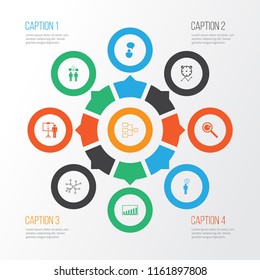 Administration icons set with project presentation, project deadlines, team brainstorming and other conversation elements. Isolated vector illustration administration icons.