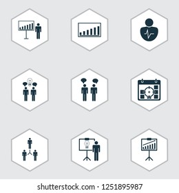 Administration icons set with team building, idea discussions, project presentation and other co-working elements. Isolated vector illustration administration icons.