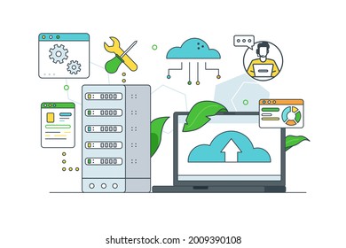 Administration of server and cloud hosting service. Vector male character engineer in data center line style. Digital concept