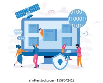 Administration and support of systems, networks and infrastructure at offices. System administration, blockchain technologies, Vector illustration for web banner, infographics, mobile
