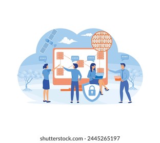 Administration and support of systems, networks and infrastructure at offices. System administration, blockchain technologies. flat vector modern illustration