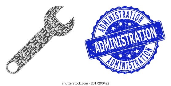 Administration textured round seal and vector recursive collage spanner. Blue seal has Administration caption inside round shape. Vector collage is designed from random spanner icons.