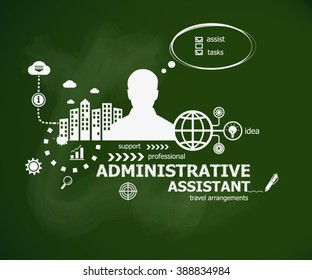 Administrative Assistant Business Concept And Man. Hand Writing Administrative Assistant With Chalk On Green School Board. Typographic Poster.