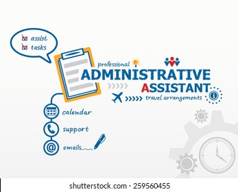 Administrative assistant business concept and notebook. Hand writing Administrative assistant with blue marker.