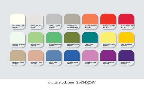 Administrative Assistant Color Guide Palette with Color Names. Catalog Sample Administrative Assistant with RGB HEX codes and Names. Colors Palette, Administrative Assistant Color Palette, Fashions