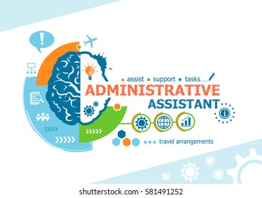 Administrative assistant related words and brain concept. Infographic business. Project for web banner and creative process.