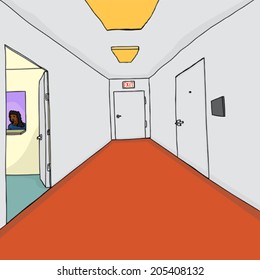 Administrative assistant in teller window through hallway door