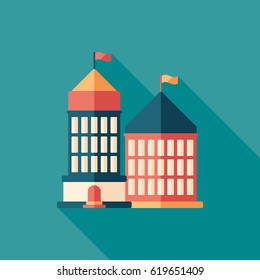 Administrative building flat square icon with long shadows.