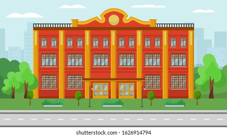 Administrative building front exterior vector illustration. Federal municipal city government state or different official structure department house facade. Trees, greenery, buildings background.