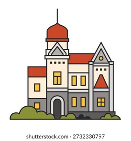 Edifício administrativo ou museu com torre e telhado vermelho. Ilustração vetorial. Objeto isolado no fundo branco. Monumento da cidade, arquitetura e design de souvenir.