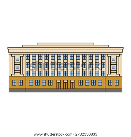 Administrative building with a symmetrical classical facade and columns. Vector illustration. Object isolated on white background. City architecture, government, history, tourism, and souvenir design.