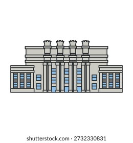 Edificio administrativo con fachada simétrica y columnas. Ilustración vectorial. Objeto aislado sobre fondo blanco. Lugar famoso de la ciudad, arquitectura, gobierno.