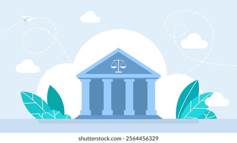 Administrative city building. Law and Justice Concept. Justice scales, judge building. Supreme court. Modern flat cartoon style. Supreme court, legal system, justice. Vector illustration.