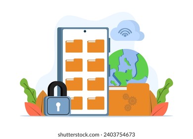 Concepto administrativo de administración de archivos, archivo de datos, carpeta, galería, notas, base de datos, datos o caracteres de acceso a archivos. plantilla vectorial de ilustración plana sobre fondo blanco.