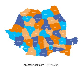 Administrative counties of Romania. Simple flat vector map.