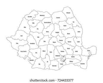 Administrative counties of Romania. Vector map of thin black outline on white background.
