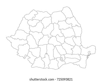 Administrative counties of Romania. Vector map of thin black outline on white background.