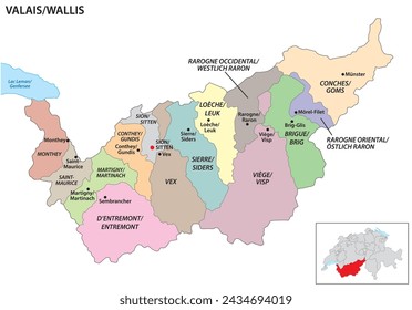 Mapa del distrito administrativo de Valais Canton, Suiza