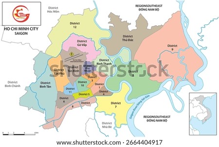 Administrative District Map of the Vietnamese city of Ho Chi Minh City-Saigon