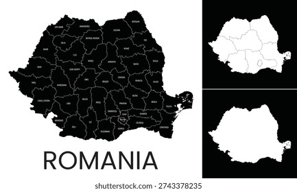 Administrative division map of Romania, black outline of the country isolated on white background, vector illustration