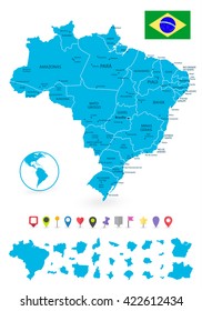 Mapa de divisiones administrativas de Brasil con sus estados y mapas planos aislados en blanco.