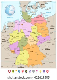 Administrative divisions map of Germany with flat icons. Vector illustration.