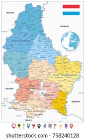 Administrative divisions map of Luxembourg and flat map markers. Highly detailed vector illustration.