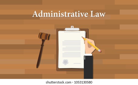 administrative law concept with hand writing paper document on clipboard and gavel