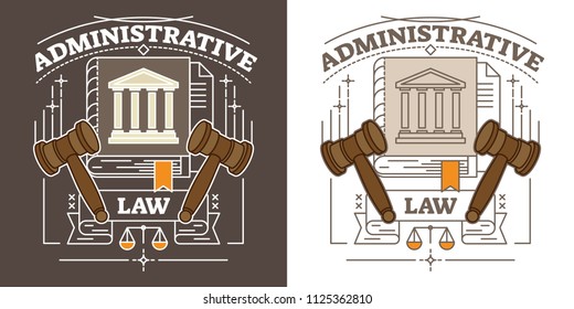 Administrative law vector illustration. Brown and white animated visualization with hammer, courthouse, justice scale and truth book. Authority, control, judgment, crime and government symbol.