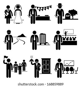 Administrative Management Services Jobs Occupations Careers - Wedding Planner, Event, Undertaker, Landscaper, Property Manager, Conference, Tour Guide, Butler, Meeting - Stick Figure Pictogram