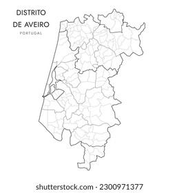 Verwaltungskarte des Bezirks Aveiro (Distrito de Aveiro) mit den Grenzen der Subregionen, der Gemeinden (Concelhos) und der Gemeindegemeinden (Freguesias) ab 2023 - Portugal