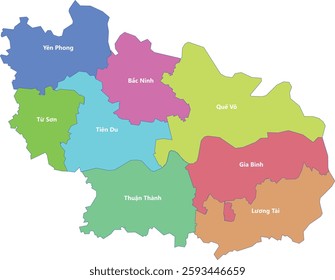 Administrative map of Bac Ninh province, combining districts with unique colors and labels. Bản đồ hành chính tỉnh Bắc Ninh