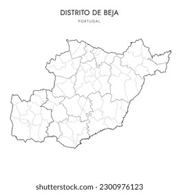 Verwaltungskarte des Bezirks Beja (Distrito de Beja) mit den Grenzen der Subregionen, der Gemeinden (Concelhos) und der Gemeinden (Freguesias) ab 2023 - Portugal