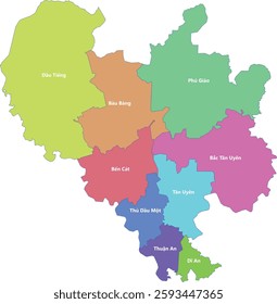 Administrative map of Binh Duong province, combining districts with unique colors and labels. Bản đồ hành chính tỉnh Bình Dương